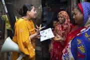 Sheuli Khatun and community volunteer Tahmina Begum speak to their community about dengue prevention in Dhalpur, Dhaka.