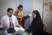 Shilpi Khatun undergoing routine prenatal check-up at the UNICEF-supported Aalo clinic in Korail