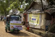 A CNG auto-rickshaw makes announcements around the Rohingya camp to raise awareness about the nationwide Typhoid Conjugate Vaccination (TCV) campaign in Cox&rsquo;s Bazar.