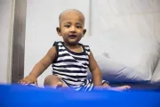 10-month-old Abu Bakkar at Muradnagar Upazila Health Complex, Cumilla during a visit for routine health check-up