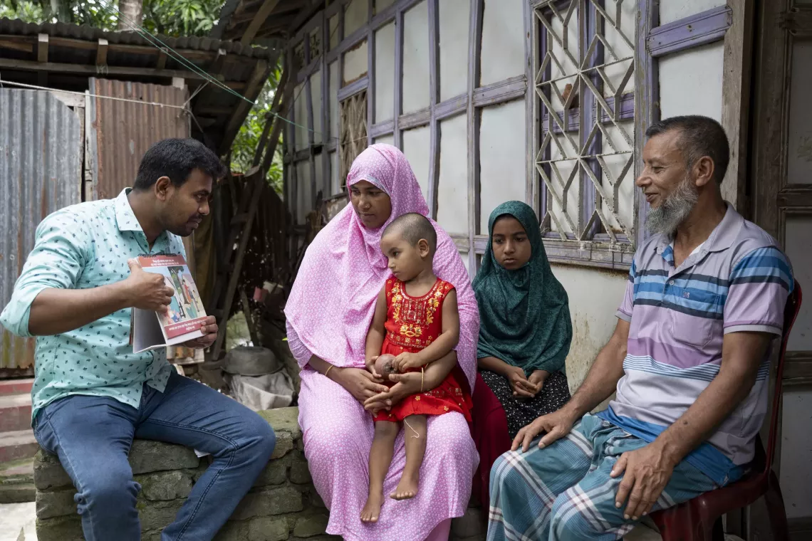 Prodip visits Fahima&rsquo;s family, giving counselling on child nutrition, health and early childhood development. He encourages both parents to play and create a nurturing environment at home. 