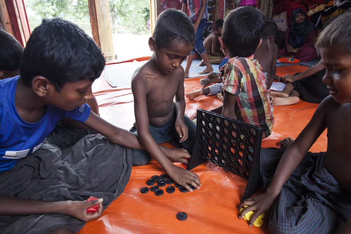 Rohingya children play at learning centre, Bangladesh