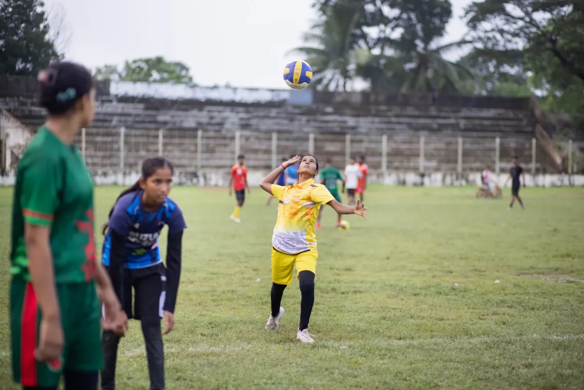 Rani (15) during one of her volleyball practice sessions at a stadium in Narail Sadar, Bangladesh. 