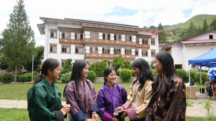 The Tech-novation Hackathon participants, with Minster of Education and Skills Development Her Excellency Yeezang Dee Thapa, officials of MoESD, the UNICEF Bhutan representative Rushnan Murtaza and the lecturers of the participating colleges, after  showcasing their digital innovations. 