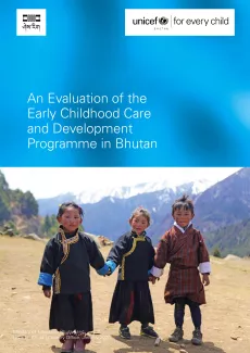 Cover page of the ECCD report featuring three children in Laya