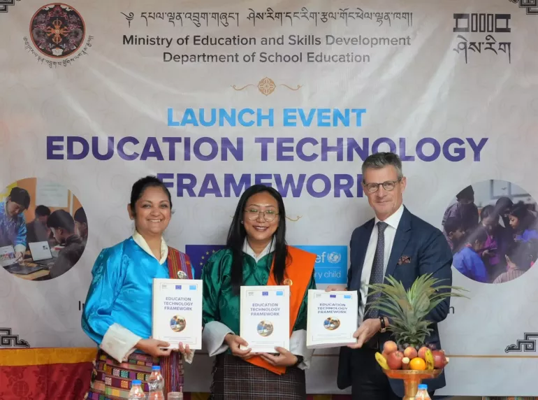 Minister of Education and Skills Development, Yeezang D Thapa, European Union&rsquo;s Ambassador to Bhutan Herv&eacute; Delphin and UNICEF Bhutan Representative, Rushnan Murtaza launch the Education Technology Framework in Thimphu. 