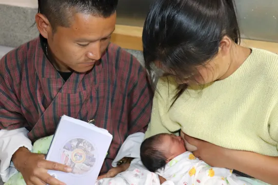 Parents of a newborn at the Gyaltsuen Jetsun Pema Wangchuck Mother and Child Hospital in Thimphu