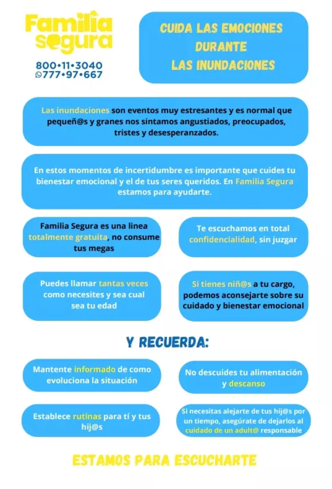 Familia Segura, salud mental, apoyo psico emocional, emergencias