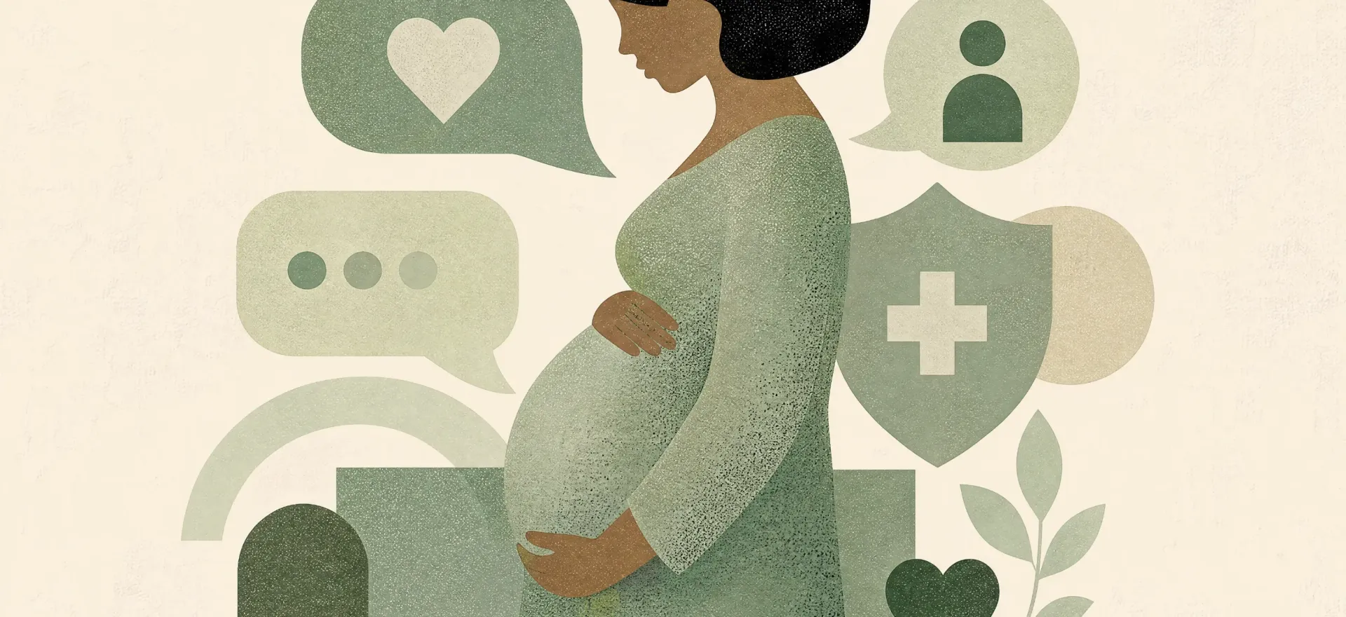 ilustra&ccedil;&atilde;o de cor verde de mulher gr&aacute;vida com &iacute;cones remetendo a sa&uacute;de 