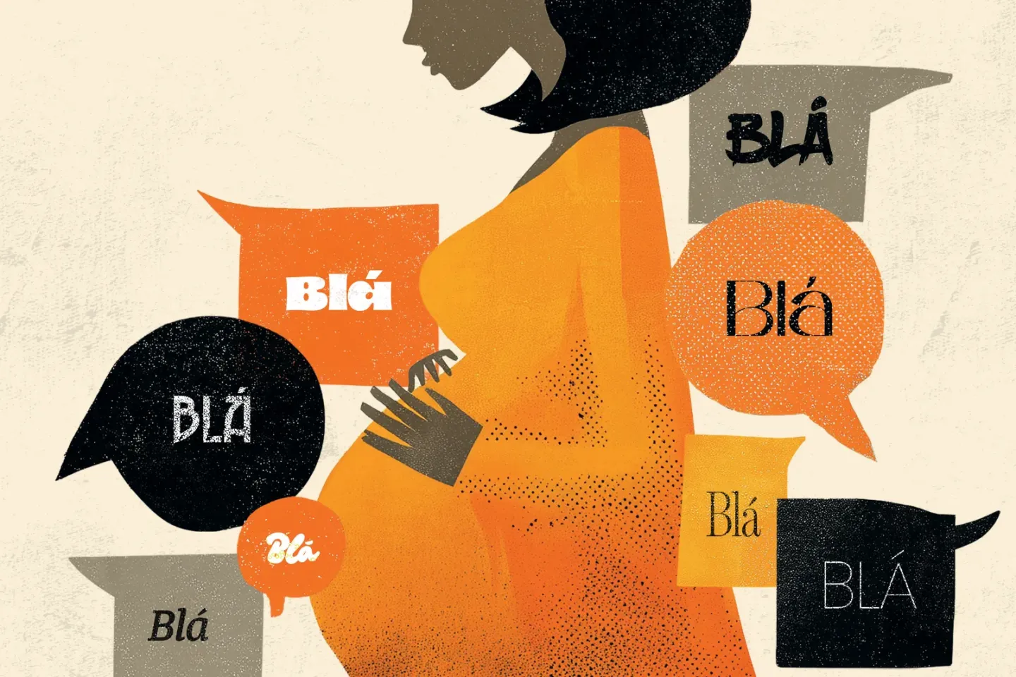 ilustra&ccedil;&atilde;o de mulher gr&aacute;vida com roupa laranja e bal&otilde;es de di&aacute;logo com bl&aacute; escrito