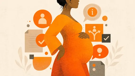 ilustra&ccedil;&atilde;o de cor laranja de uma mulher gr&aacute;vida com &iacute;cones de di&aacute;logo