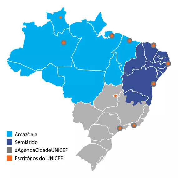 Mapa do Brasil com os territ&oacute;rios priorit&aacute;rios do UNICEF e as cidades onde est&atilde;o os escrit&oacute;rios