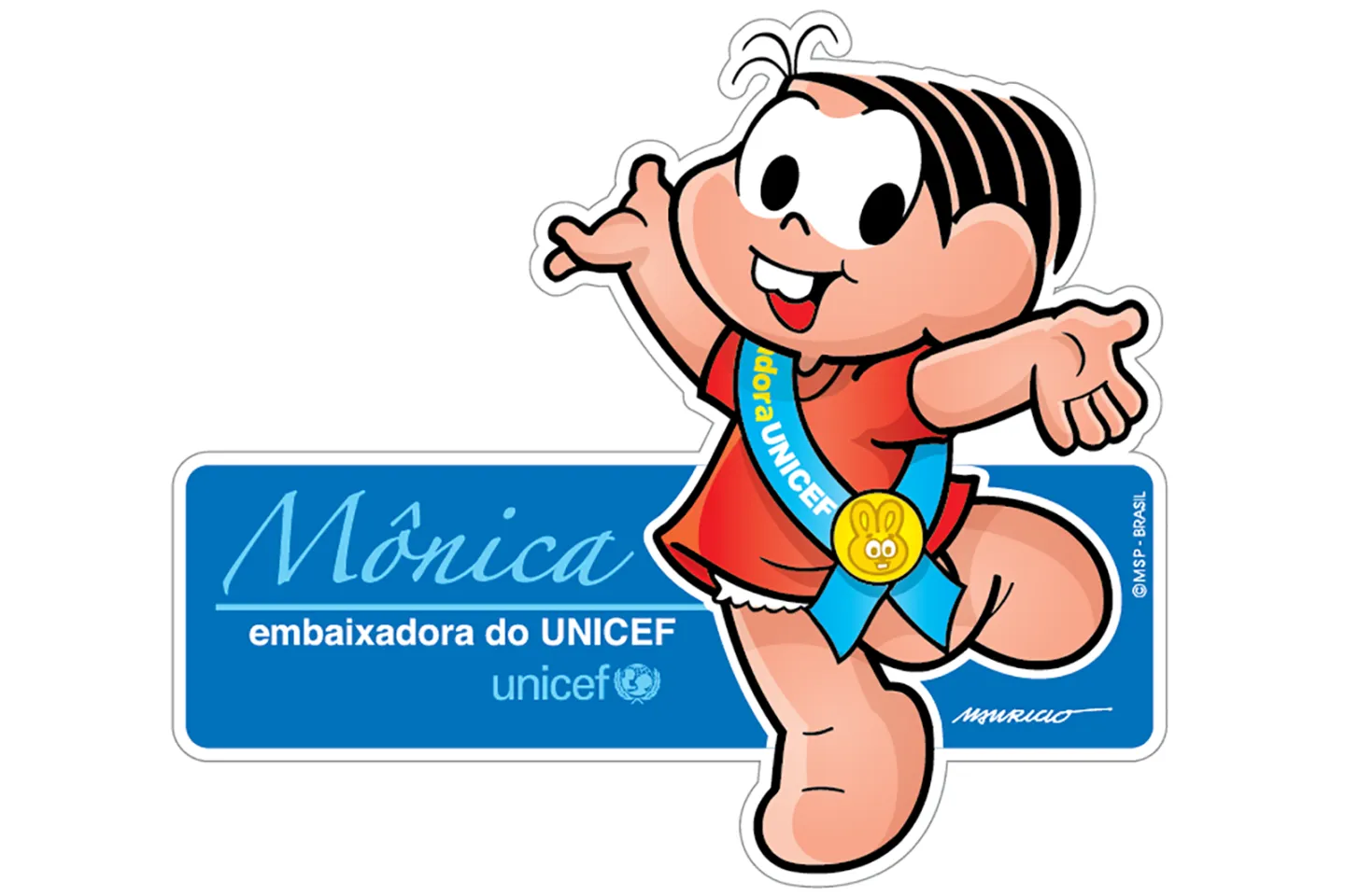 imagem mostra desenho da personagem M&ocirc;nica, de Mauricio de Sousa, com a faixa de embaixadora do UNICEF