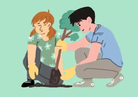 ilustra&ccedil;&atilde;o dois meninos plantando &aacute;rvore