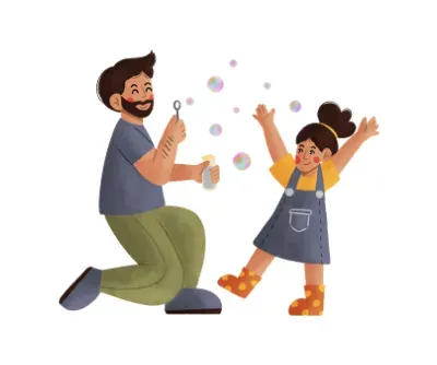 pai brincando com menina de bolha de sab&atilde;o