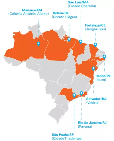 Imagem mostra o mapa do Brasil com a marca&ccedil;&atilde;o das capitais onde a iniciativa ocorre: Bel&eacute;m, Fortaleza, Manaus, Recife, Rio de Janeiro, Salvador, S&atilde;o Lu&iacute;s e S&atilde;o Paulo