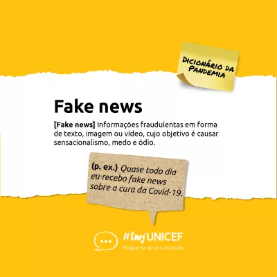 defini&ccedil;&atilde;o de fake news: Informa&ccedil;&otilde;es fraudulentas em forma de texto, imagem ou v&iacute;deo, cujo objetivo &eacute; causar sensacionalismo, medo e &oacute;dio. 