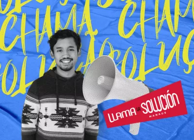 imagem de um jovem recortada em preto e branco sobre um fundo azul, ao lado um megafone e o nome da iniciativa chama na solu&ccedil;&atilde;o