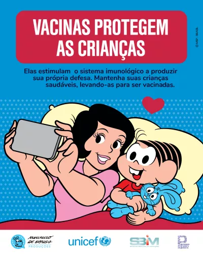 desenho de Mauricio de Sousa mostra as personagens Lu&iacute;sa e M&ocirc;nica tirando uma selfie.