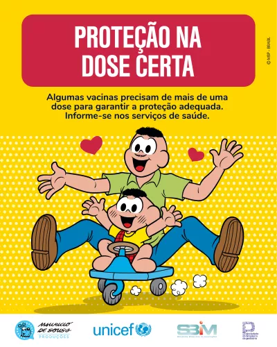desenho de Mauricio de Sousa mostra as personagens Casc&atilde;o e seu Ara&uacute;jo andando de carrinho de rolim&atilde;