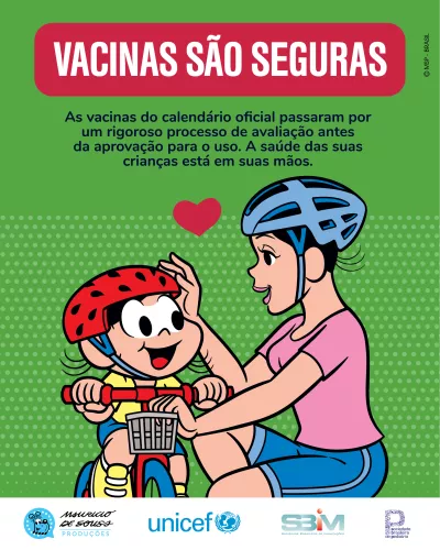 desenho de Mauricio de Sousa mostra as personagens Magali e Lili usando capacetes de prote&ccedil;&atilde;o. Magali est&aacute; numa bicicleta e sua m&atilde;e est&aacute; agachada ao lado dela.