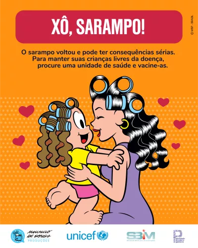 desenho de Mauricio de Sousa mostra as personagens Marina e Alice. Marina est&aacute; no colo da m&atilde;e, as duas est&atilde;o usando bobs no cabelo e est&atilde;o se olhando.