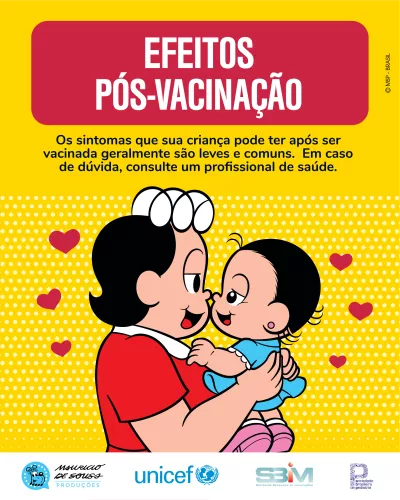 desenho de Mauricio de Sousa mostra as personagens Maria Cebolinha e dona Cebola. A m&atilde;e segura a beb&ecirc; no colo. As duas est&atilde;o se olhando e com os narizes se tocando.