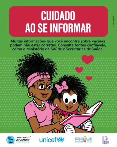 desenho de Mauricio de Sousa mostra as personagens Silvia e Milena. A m&atilde;e l&ecirc; para a filha, que est&aacute; em seu colo.