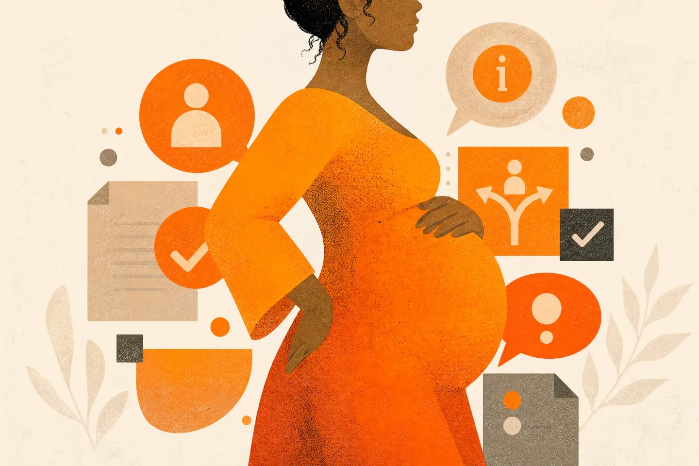 ilustra&ccedil;&atilde;o de cor laranja de uma mulher gr&aacute;vida com &iacute;cones de di&aacute;logo