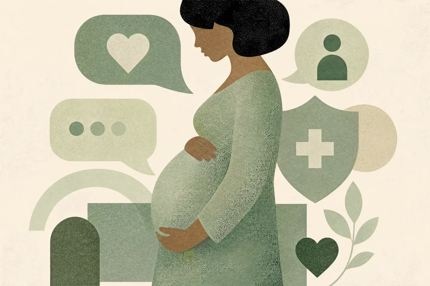 ilustra&ccedil;&atilde;o de cor verde de mulher gr&aacute;vida com &iacute;cones remetendo a sa&uacute;de 