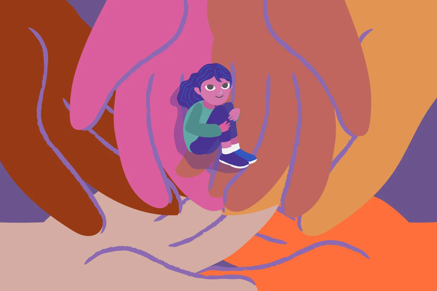 desenho mostra uma menina amparada por meia duzia de maos