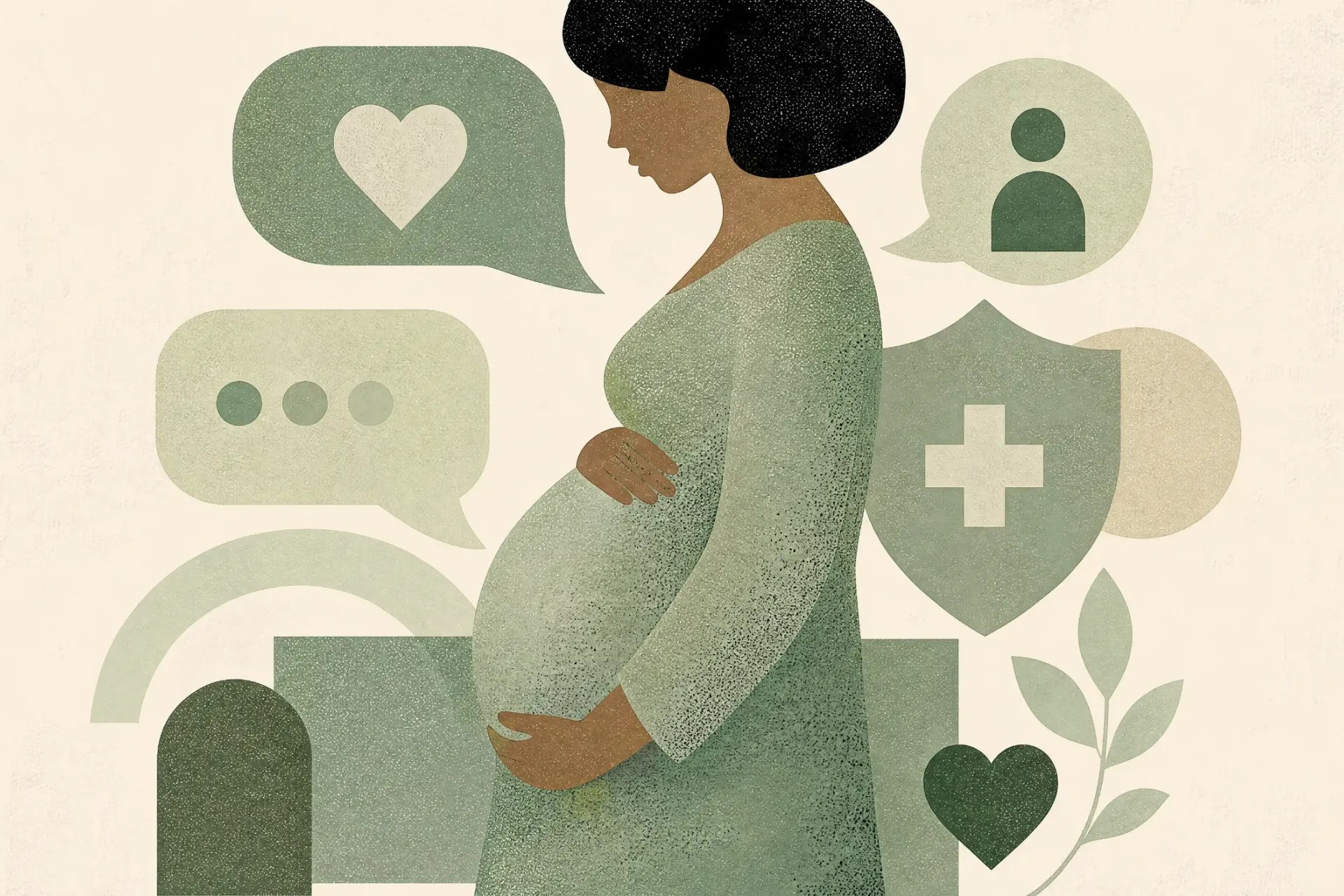 ilustra&ccedil;&atilde;o de cor verde de mulher gr&aacute;vida com &iacute;cones remetendo a sa&uacute;de 