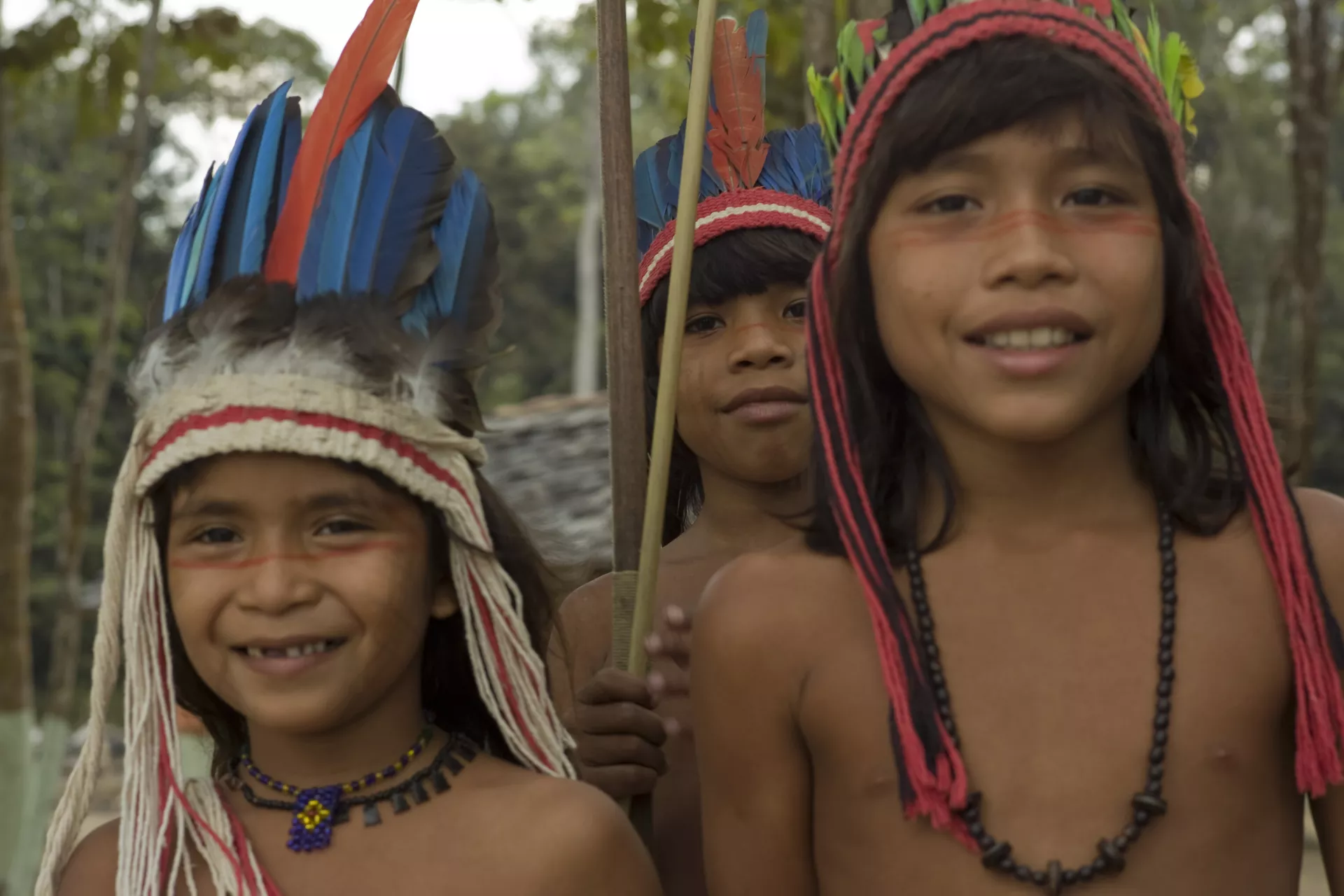 crian&ccedil;as ind&iacute;genas, usando cocar, olham para a c&acirc;mera e sorriem. atr&aacute;s delas aparece a floresta.