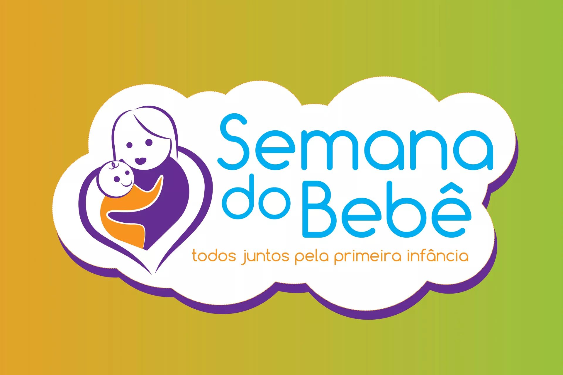 logo da semana do beb&ecirc; mostra o desenho de uma m&atilde;e com um beb&ecirc; no colo ao lado da frase Semana do Beb&ecirc; todos juntos pela primeira inf&acirc;ncia