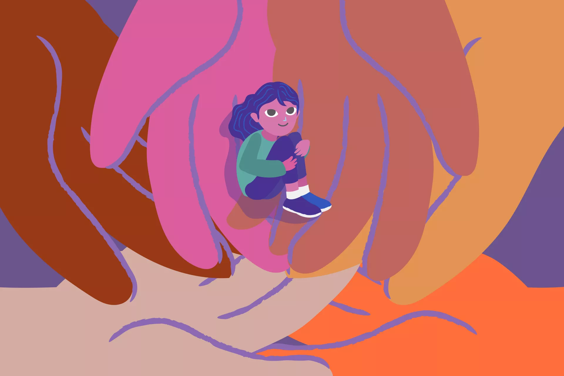 desenho mostra uma menina amparada por meia duzia de maos