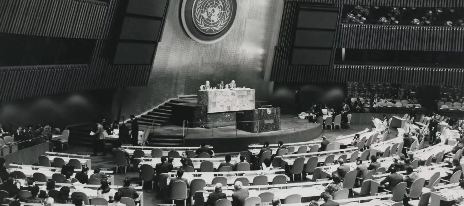 Uma vis&atilde;o panor&acirc;mica do Sal&atilde;o da Assembleia Geral da ONU durante as delibera&ccedil;&otilde;es e a ado&ccedil;&atilde;o da Conven&ccedil;&atilde;o sobre os Direitos da Crian&ccedil;a em 20 de novembro de 1989