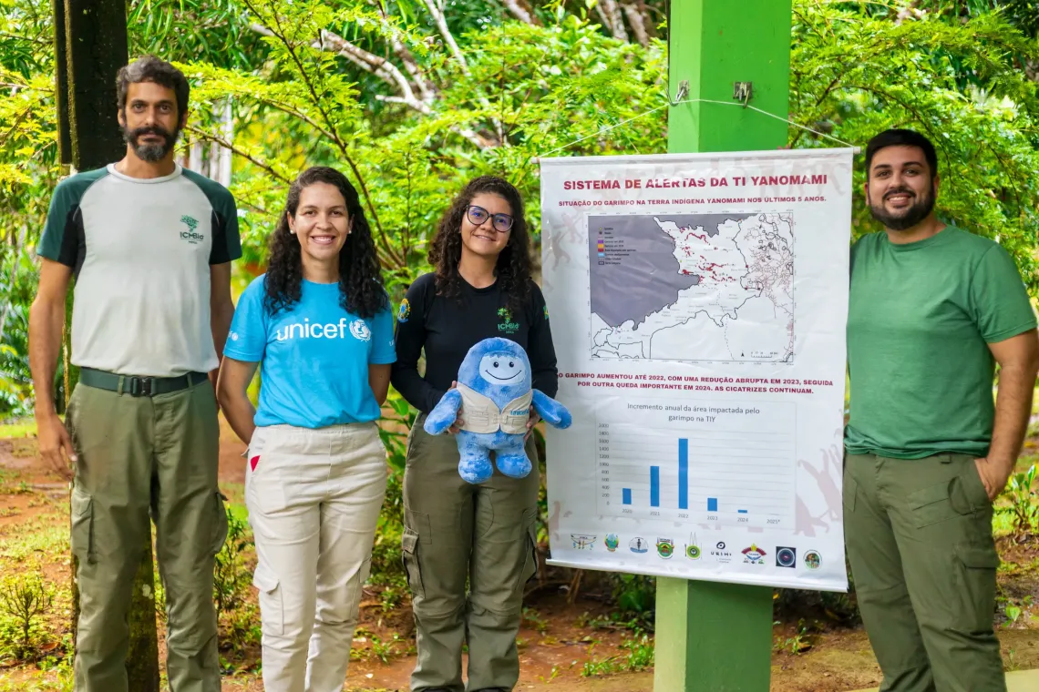 quatro adultos posam para foto perto de banner com mapa e gr&aacute;fico, uma delas vestindo camiseta do UNICEF
