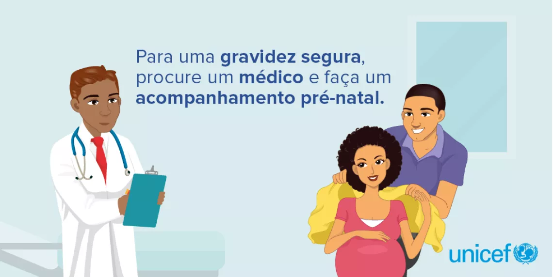 ilustra&ccedil;&atilde;o mostra um casal e um m&eacute;dico. A mulher est&aacute; gr&aacute;vida, sentada. O marido est&aacute; atr&aacute;s dela. E o m&eacute;dico &agrave; esquerda, segurando uma prancheta.