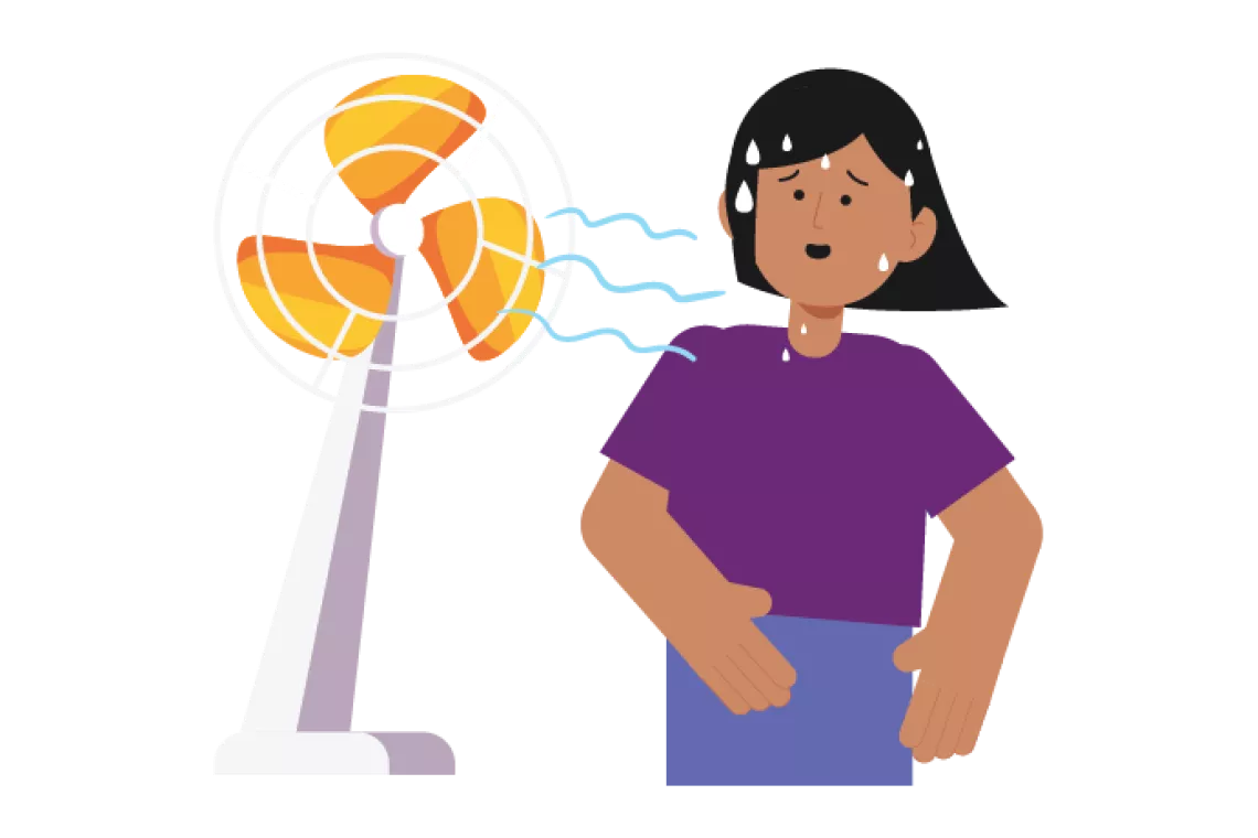 Ilustra&ccedil;&atilde;o mostra um menino se refrescando com um ventilador