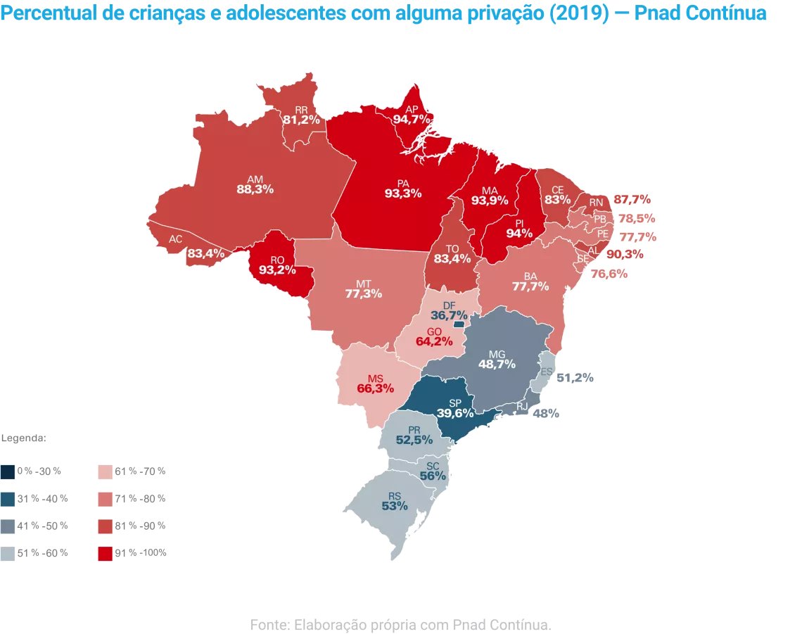 mapa mostra Percentual de crian&ccedil;as e adolescentes com alguma priva&ccedil;&atilde;o (2019)