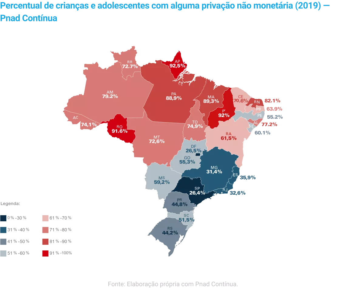 mapa mostra Percentual de crian&ccedil;as e adolescentes com alguma priva&ccedil;&atilde;o n&atilde;o monet&aacute;ria (2019)