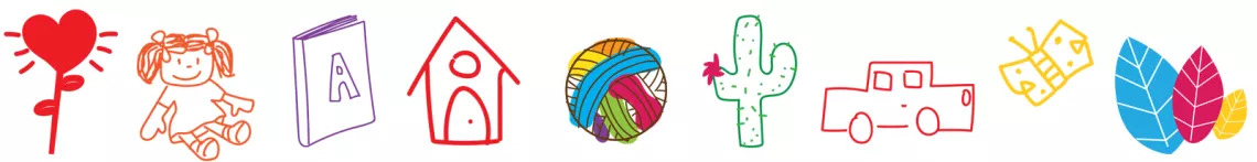 v&aacute;rios desenhos, elementos da identidade visual da radionovela, est&atilde;o enfileirados: um cora&ccedil;&atilde;o, uma boneca, uma casinha, um livro, uma bola, um carrinho, um cacto, uma borboleta e tr&ecirc;s folhas.