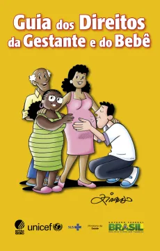 Imagem desenhada por Ziraldo mostra uma mulher gr&aacute;vida cercada por duas pessoas mais velhas e um homem ajoelhado que beija sua barriga.