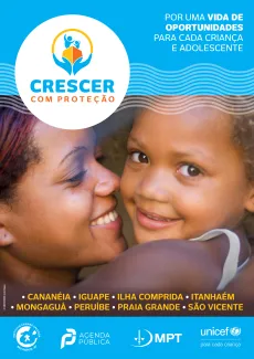 Capa do folheto mostra a foto de uma m&atilde;e abra&ccedil;ando a filha pequena, as duas est&atilde;o sorrindo. a m&atilde;e olha para a filha e a filha olha para a c&acirc;mera.