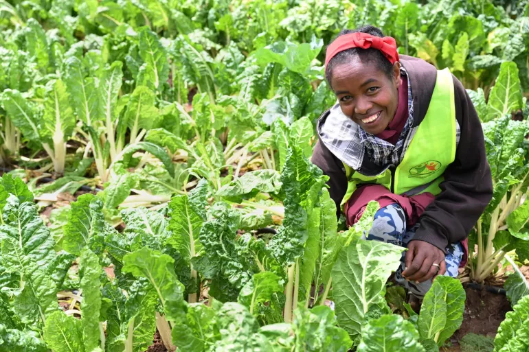 Agricultora sorri para foto abaixada em uma planta&ccedil;&atilde;o