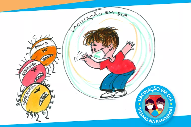 capa da cartilha mostra desenhos de v&iacute;rus e um menino dentro de uma bolha, usando m&aacute;scara