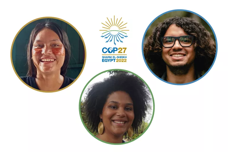 Imagem mostra o rosto de tr&ecirc;s jovens dentro de c&iacute;rculos coloridos. Eles est&atilde;o sorrindo