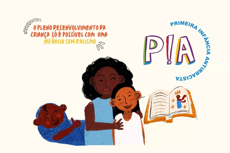 Banner da estrat&eacute;gia PIA mostra o desenho de uma mulher e duas crian&ccedil;as e o logo da estrat&eacute;gia