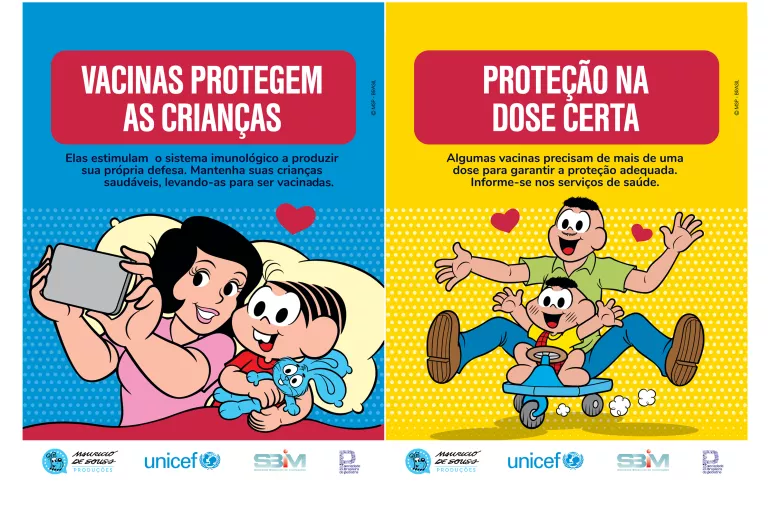 desenho de Mauricio de Sousa mostra as personagens da M&ocirc;nica e sua m&atilde;e e o Casc&atilde;o e seu pai, que fazem parte da campanha