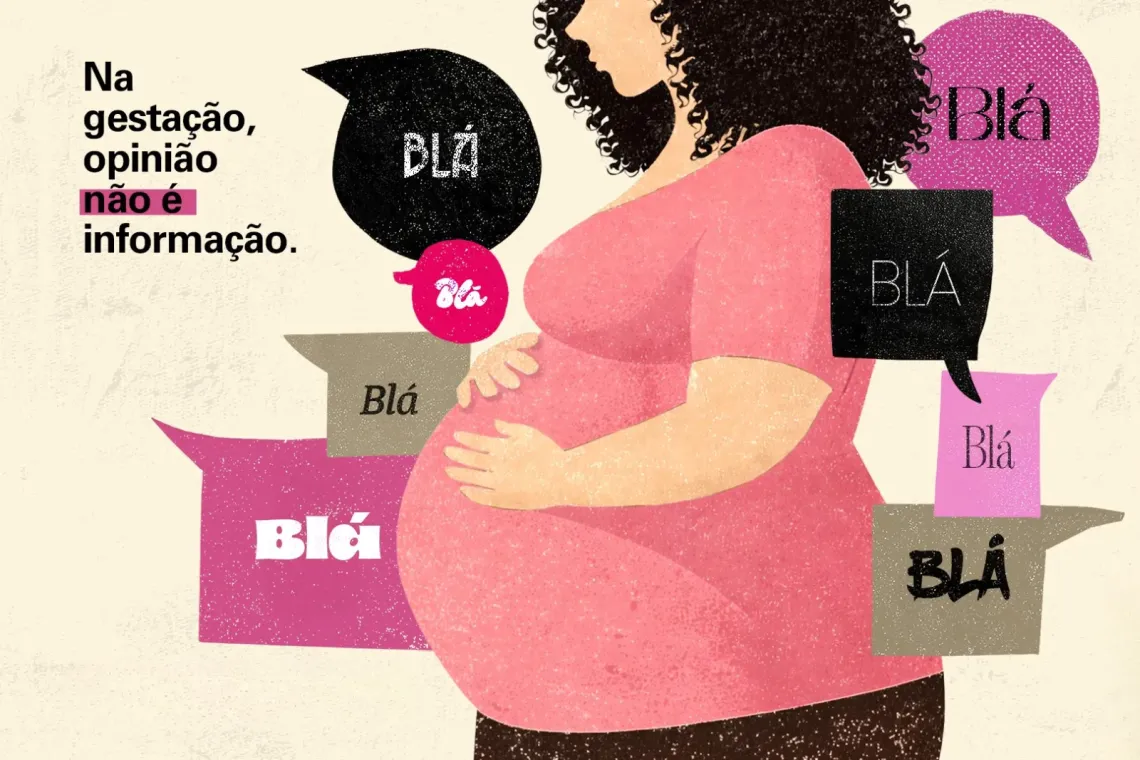 na gesta&ccedil;&atilde;o, opini&atilde;o n&atilde;o &eacute; informa&ccedil;&atilde;o. frase aparece em ilustra&ccedil;&atilde;o de mulher gr&aacute;vida vestindo roupa rosa cercada de bal&otilde;es de di&aacute;logo onde se l&ecirc;  bl&aacute;